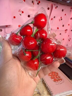 Bright Red Decorative Cherry Stem Cluster - Set of Faux Cherries